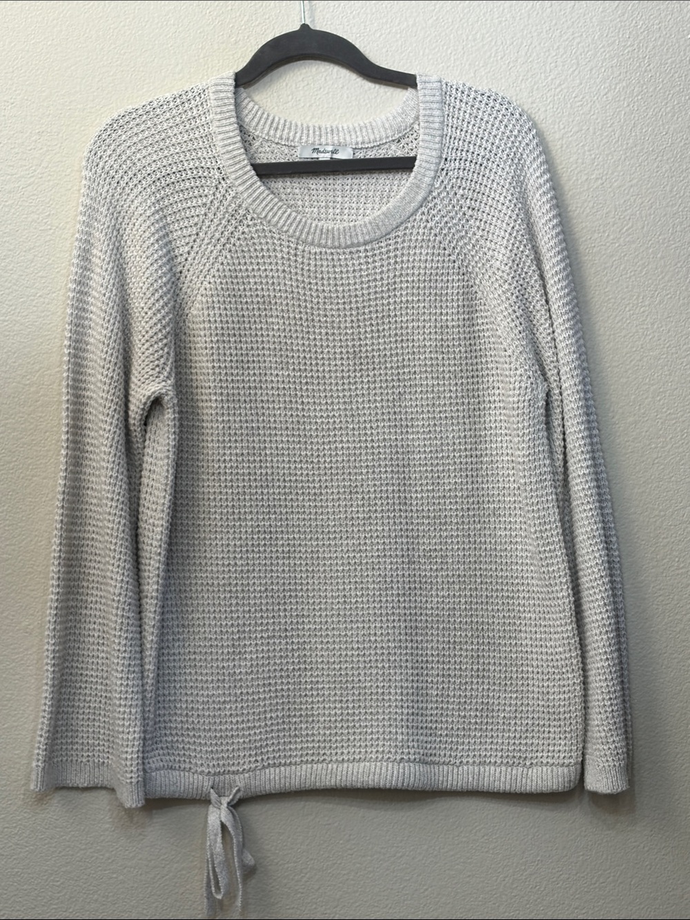 Madewell Light Oatmeal Waffle Knit Crewneck Sweater with Tie Hem